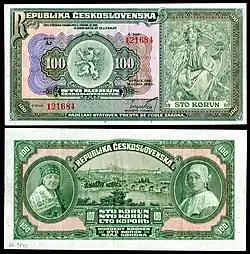 Mucha-designed artwork on a 1920 Czechoslovak Republic 100 Czechoslovak korun note