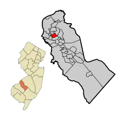 Location of Audubon in Camden County highlighted in red (right). Inset map: Location of Camden County in New Jersey highlighted in orange (left).