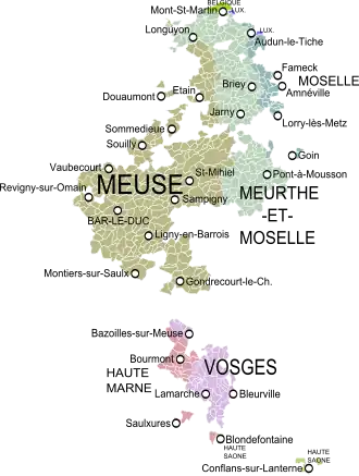 The Duchy of Bar in the 17th century, as against the modern administrative divisions of France