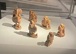 These seven ivory chess pieces are the oldest known, dating to about 700 CE. The ivory came from India.[28] They were excavated in 1977 by archaeologist Yuriy Buryakov, at Afrasiyab in Samarkand, Uzbekistan.[29] They are housed today at the Samarkand State Museum. Photographed during a loan of the pieces to the Silk Roads Exhibition at the British Museum.