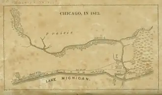 Retrospective map showing how Chicago may have appeared in 1812 (right is north, published in 1884)