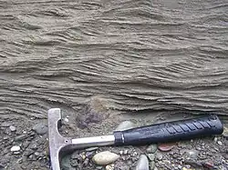 Cross-section through asymmetric climbing ripples, seen in the Zanskar Gorge, Ladakh, NW Indian Himalaya. Ripples climb when sediment fluxes in the flow are very high.