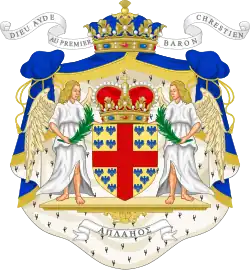 Coat of arms of the House of Montmorency, from the era of the Bourbon Restoration, with a blue mantle and ducal coronet