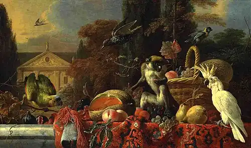 Cockatoo and Monkey by a Wicker Basket of Fruit (no date), oil on canvas. 76.5 x 127.6&nbsp;cm., private collection