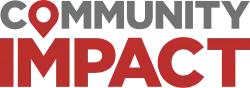 There are two words of equal length in its logo. One word, "Community", is stacked on top of the other, "Impact". "Community" is colored gray and "Impact" red, with the "O" in "Community" being of the same color as "Impact" and being pointed at the bottom toward the middle of the "M" in the latter.