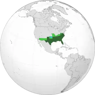Map of northern hemisphere with Confederate States of America highlighted