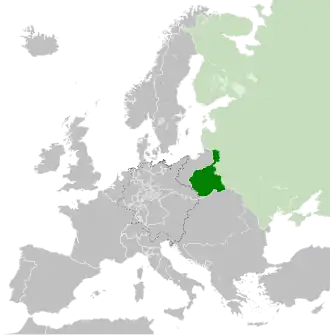 Map of Congress Poland, c. 1815, following the Congress of Vienna. The Russian Empire is shown in light green.