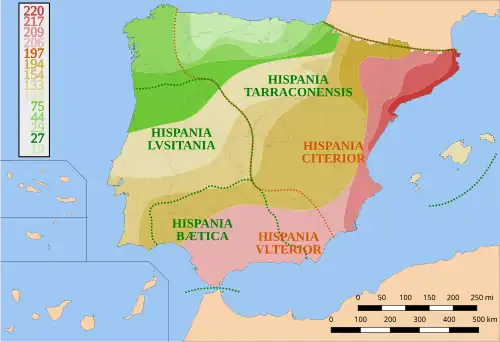 Timeline of the Roman conquest of Hispania (220 BC–19 BC), with Roman provincial boundaries shown