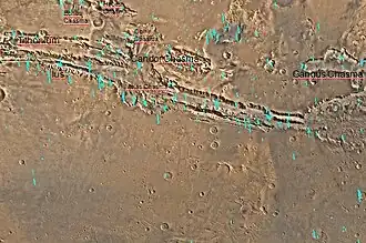 Map of Coprates quadrangle showing details of Valles Marineris, the largest canyon system in the Solar System. Some of the canyons may have once been filled with water.