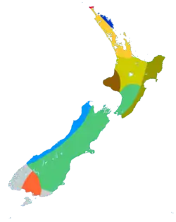 Map of New Zealand divided into multicoloured areas