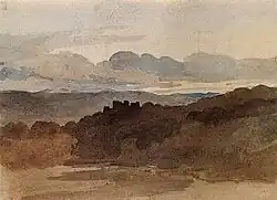 A watercolour painting, with a dark castle in the middle surrounded by dark green painting and a swirling, dark sky.