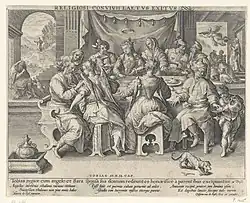 Tobias junior cum angelo et Sara sponsa sua domum redeuntes honorifice a parentibus, Van de Passe after Maerten de Vos (the engraving on the left)