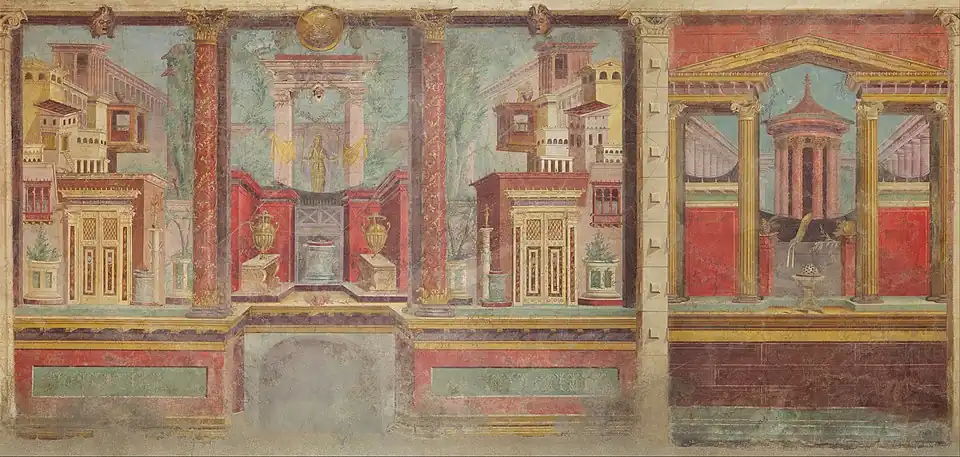 Restoration of a fresco from an Ancient villa bedroom; 50-40 BC; dimensions of the room: 265.4 x 334 x 583.9 cm; Metropolitan Museum of Art (New York City)