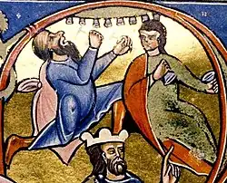 12th-13th century, England. Musicians play the cymbala (set of small chime-bells) and cymbala cup-shaped cymbals, Bodleian Library MS. Laud Misc. 752