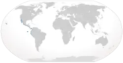 World map with blue shading along the western coast of the Americas from Baja California to Peru, and around the Galapagos and Hawaiian Islands