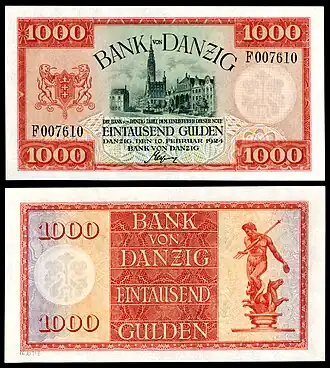 1,000 Danzig gulden (1924) depicting City Hall
