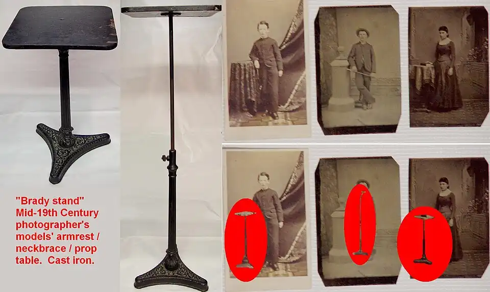Mid-19th century "Brady stand" photo model's armrest table