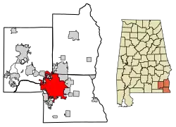 Location of Dothan in Dale, Henry, and Houston counties, Alabama