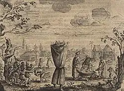 Engraving with dancing bear from Adam Olearius's Travels, 1656