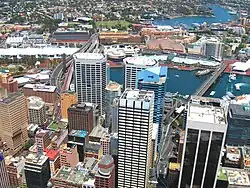 Buildings in the Darling Harbour area; most of this land is in the Parish of St Andrew except for Wentworth Park and the land beyond it.