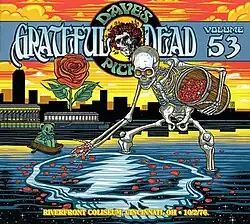 A skeleton strewing rose petals onto the Ohio River, with the Cincinnati skyline in the background