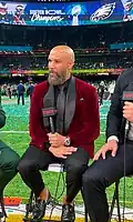 Davis Sanchez on the field at the Super Bowl in New Orleans for TSN's broadcast.