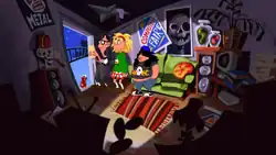 A horizontal rectangular video game screenshot that is a digital representation of a furnished yet cluttered living room. Three characters stand at the open doorway on the left of the room reading a letter.
