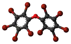 Ball-and-stick model of the decabromodiphenyl ether molecule