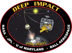 An oval with a red and black border encloses an image of a spacecraft and it's trajectory from Earth, depicting a deployed impactor before and after its impact with a comet.