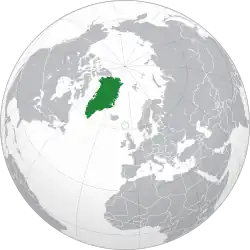 Location of&nbsp;Greenland&nbsp;(dark green) in the Kingdom of Denmark&nbsp;(light green)