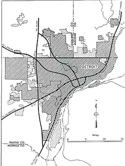Black and white map from the General Location of National System of Interstate Highways Including All Additional Routes at Urban Areas Designated in September 1955