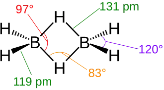 Stereo skeletal formula of diborane with all explicit hydrogens added and assorted measurements
