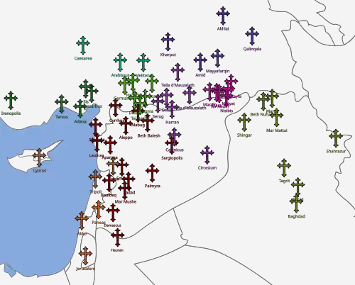 A map locating the dioceses in the middle east during the medieval period.