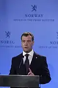 Dmitry Medvedev speak at a joint press conference with Norwegian Prime Minister Jens Stoltenberg