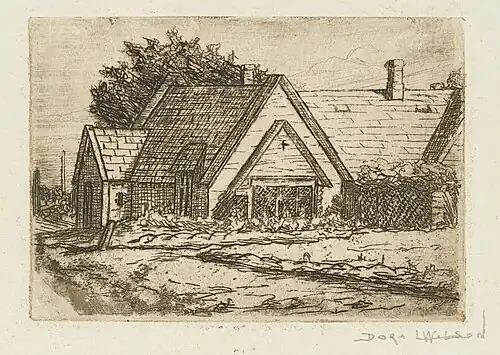 Exterior view of single story house with steep gabled roof, [between 1900 and 1910]