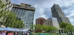 Looking north from Cascade Plaza, with Cascade III, Akron City Center Hotel, Huntington Tower, and First Energy Tower visible.
