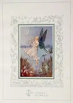 Watercolour of a fairly playing a flute above a riverbed. Below is the text 'The Fairy Herald'.