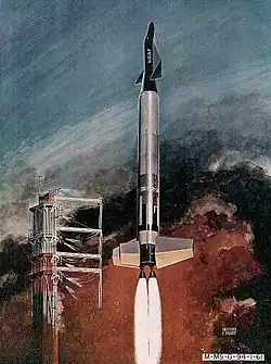 Artist's concept of a Dyna-Soar (Dyanmic Soaring) spaceplane taking off atop an Air Force Titan II launch vehicle