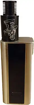 Box mod e-cigarette fitted with a rebuildable dripping atomizer (RDA).