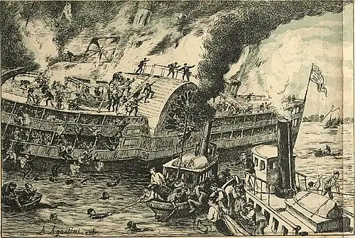 The great catastrophe of the passenger steamboat General Slocum (Angelo Agostini, O Malho, 1904)