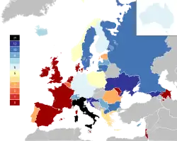 Political map of Europe with countries coloured by the number of points were awarded to Italy by the country's jury, with dark blue being twelve points and dark red being zero points. In general, many eastern European countries are coloured blue, while several western European countries are coloured dark red.