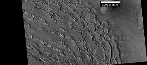 Well developed ribbed upper plains material. These start with small cracks that expand as ice sublimates from the surfaces of the crack. Picture was taken with HiRISE under HiWish program