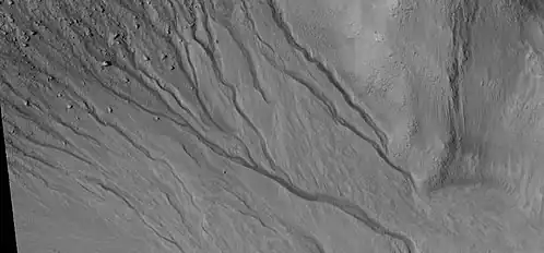 Close up of gully network showing branched channels and curves; these characteristics suggest creation by a fluid. Note: this is an enlargement of a previous wide view of gullies in a crater, as seen by HiRISE under HiWish program. Location is Phaethontis quadrangle.