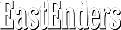 Transparent logo with words "EastEnders" in white with black shadowing.