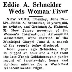 The top of a newspaper article, showing headline "Eddie A. Schneider Weds Woman Flier"; dateline "New York, Tuesday, June 26"; and the start of the main text, "Eddie A. Schneider, 23, an aviator and Gretchen A. Hahned, 33, New Jersey governor of the Woman's International Aeronautics". A ligature of the letters AP in parentheses is between the dateline and text, separated from each by an em-dash.