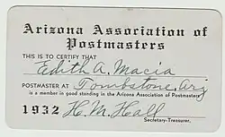 Edith's Arizona Association of Postmasters Card 1932