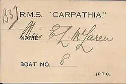 A lifeboat card from Carpathia, used to identify a Titanic survivor's lifeboat