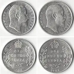 Silver one rupee coins showing Edward VII, King-Emperor, 1903 (left) and 1908 (right)