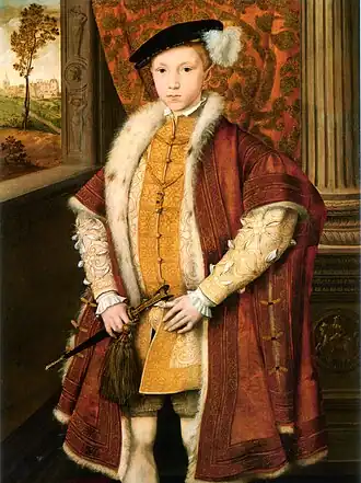 Image 3 Edward VI of England Artist: Unknown, probably of the Flemish School A portrait of Edward VI of England, when he was Prince of Wales. He is shown wearing a badge with the Prince of Wales's feathers. It was most likely painted in 1546 when he was eight years old, during the time when he was resident at Hunsdon House. Edward became King of England, King of France and Edward I of Ireland the following year. He was the third monarch of the Tudor dynasty and England's first ruler who was Protestant at the time of his ascension to the throne. Edward's entire rule was mediated through a council of regency. He died at the age of 15 in 1553. More selected portraits