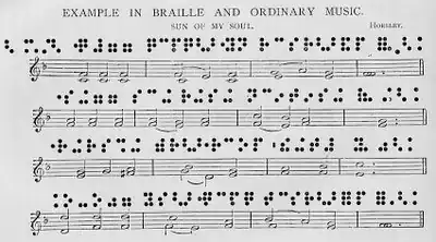 Musician notation for blind musicians developed by Louis Braille, church organist (1834–39)